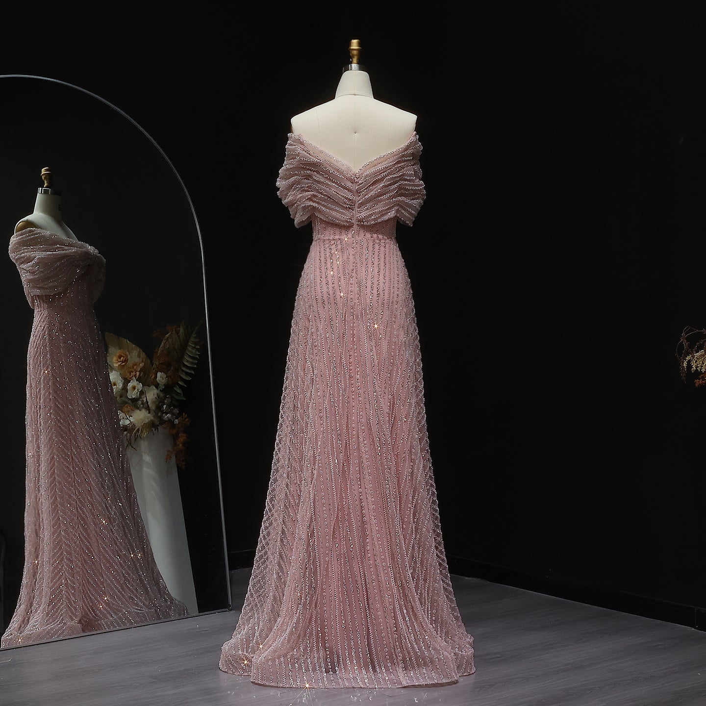 Stunning Beaded Blush Pink Off-Shoulder Evening Dress SS653