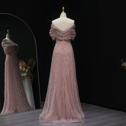 Sparkly Blush Pink Off Shoulder Evening Dress SS653