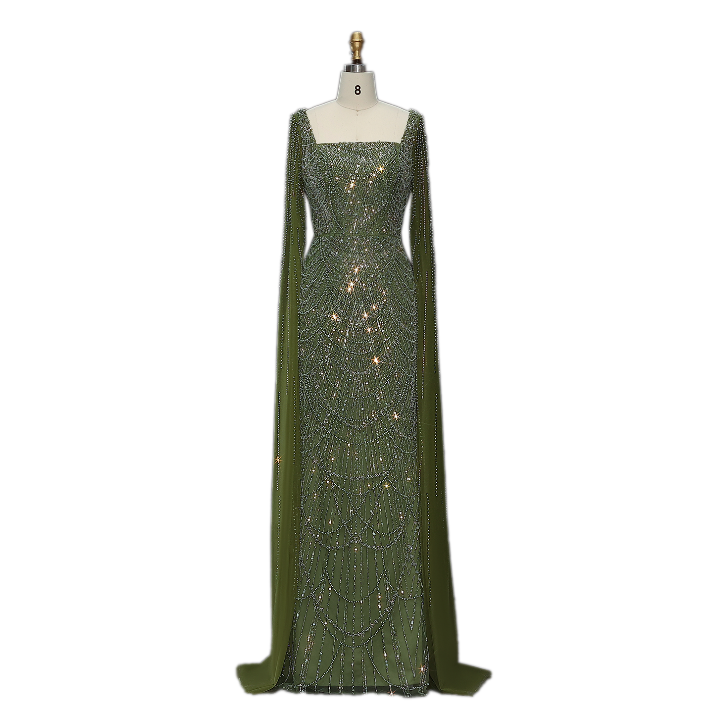 Luxury Beaded Blue Mermaid Evening Dress with Cape Sleeves SS690