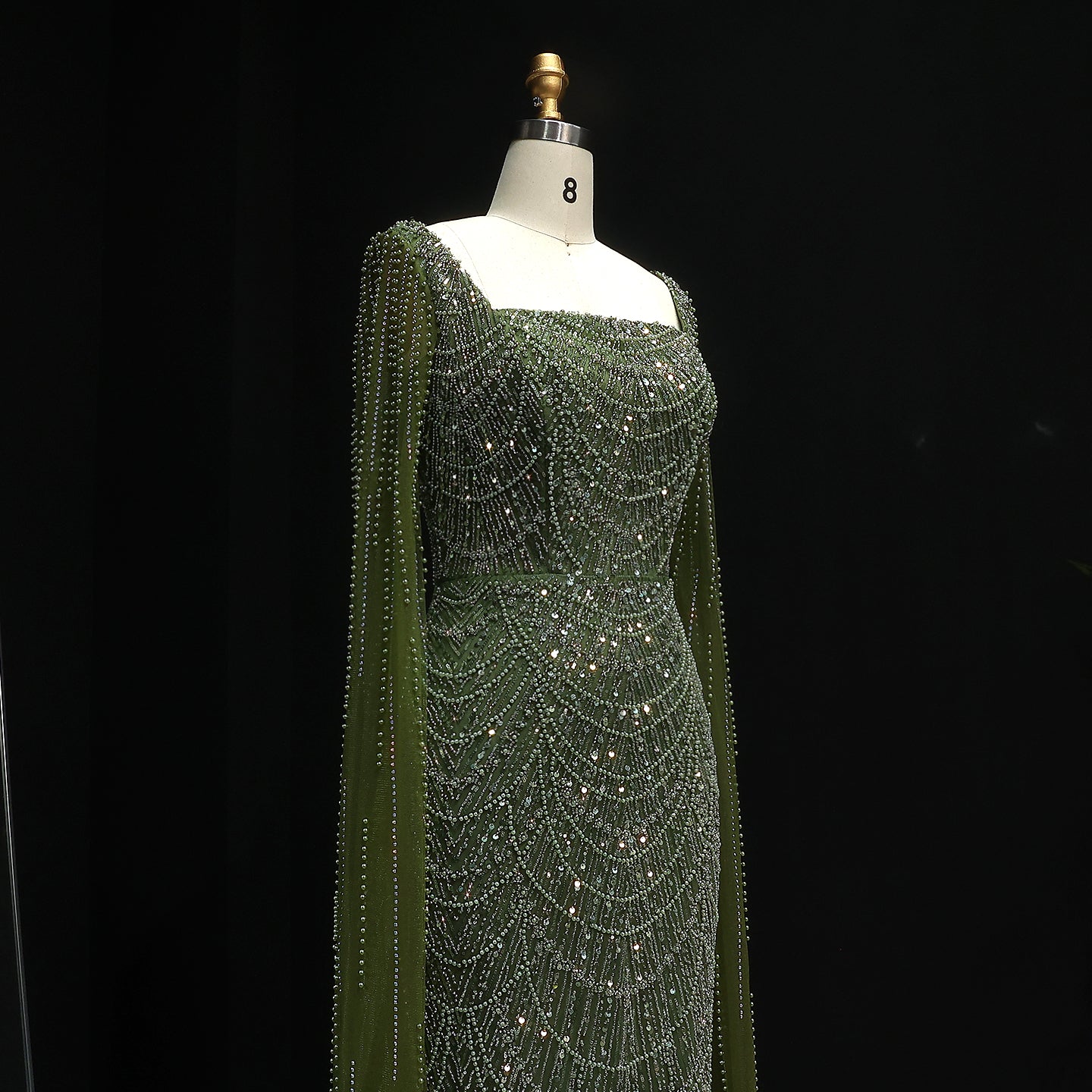 Luxury Beaded Blue Mermaid Evening Dress with Cape Sleeves SS690
