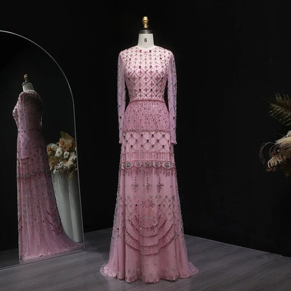 Luxury Pink Crystal Beaded Long Sleeve Embroidered Evening Dress SS220