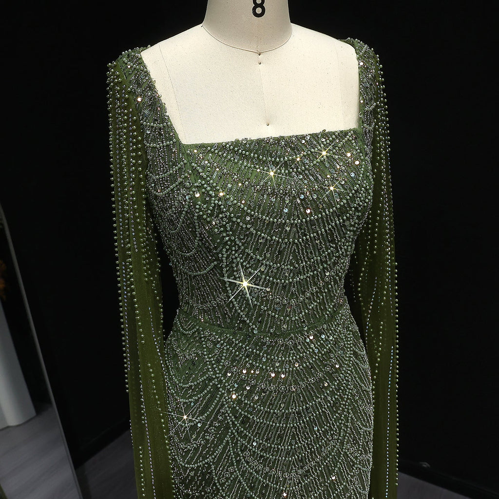 Luxury Beaded Blue Mermaid Evening Dress with Cape Sleeves SS690
