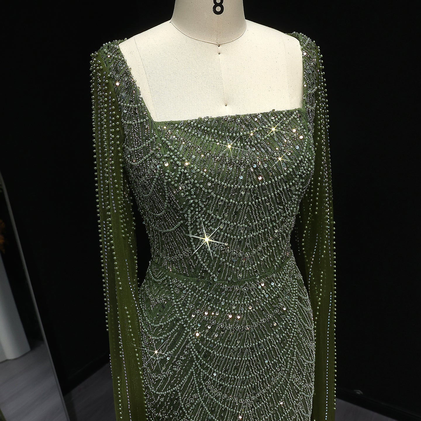 Luxury Beaded Blue Mermaid Evening Dress with Cape Sleeves SS690