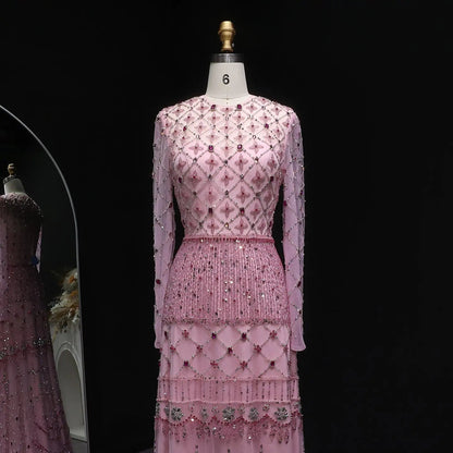 Luxury Pink Crystal Beaded Long Sleeve Embroidered Evening Dress SS220