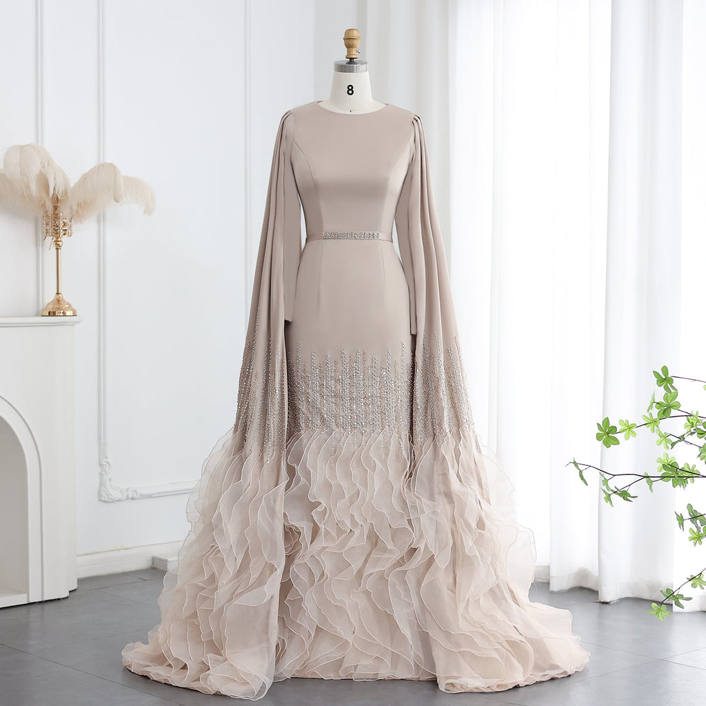 Luxury Nude Tiered Ruffles Mermaid Evening Dress with Cape Sleeves SS440