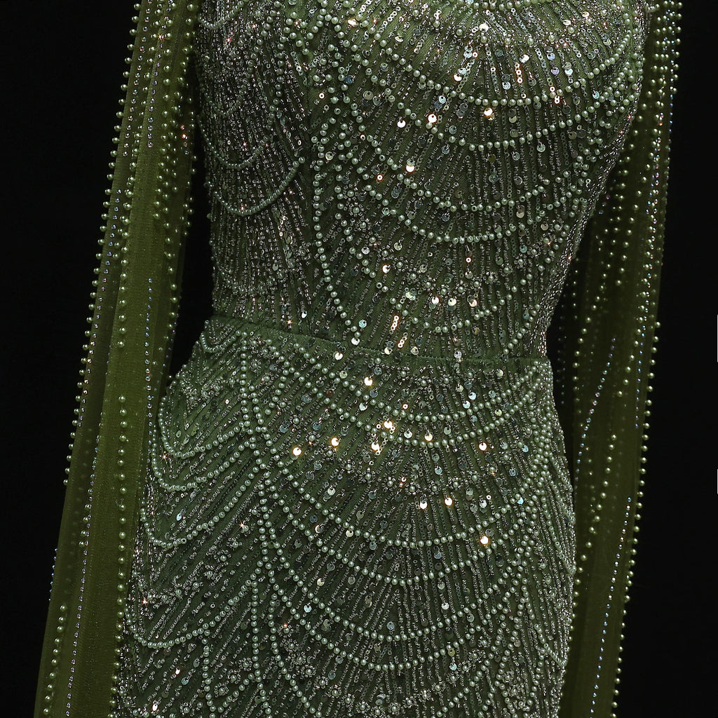 Luxury Beaded Blue Mermaid Evening Dress with Cape Sleeves SS690