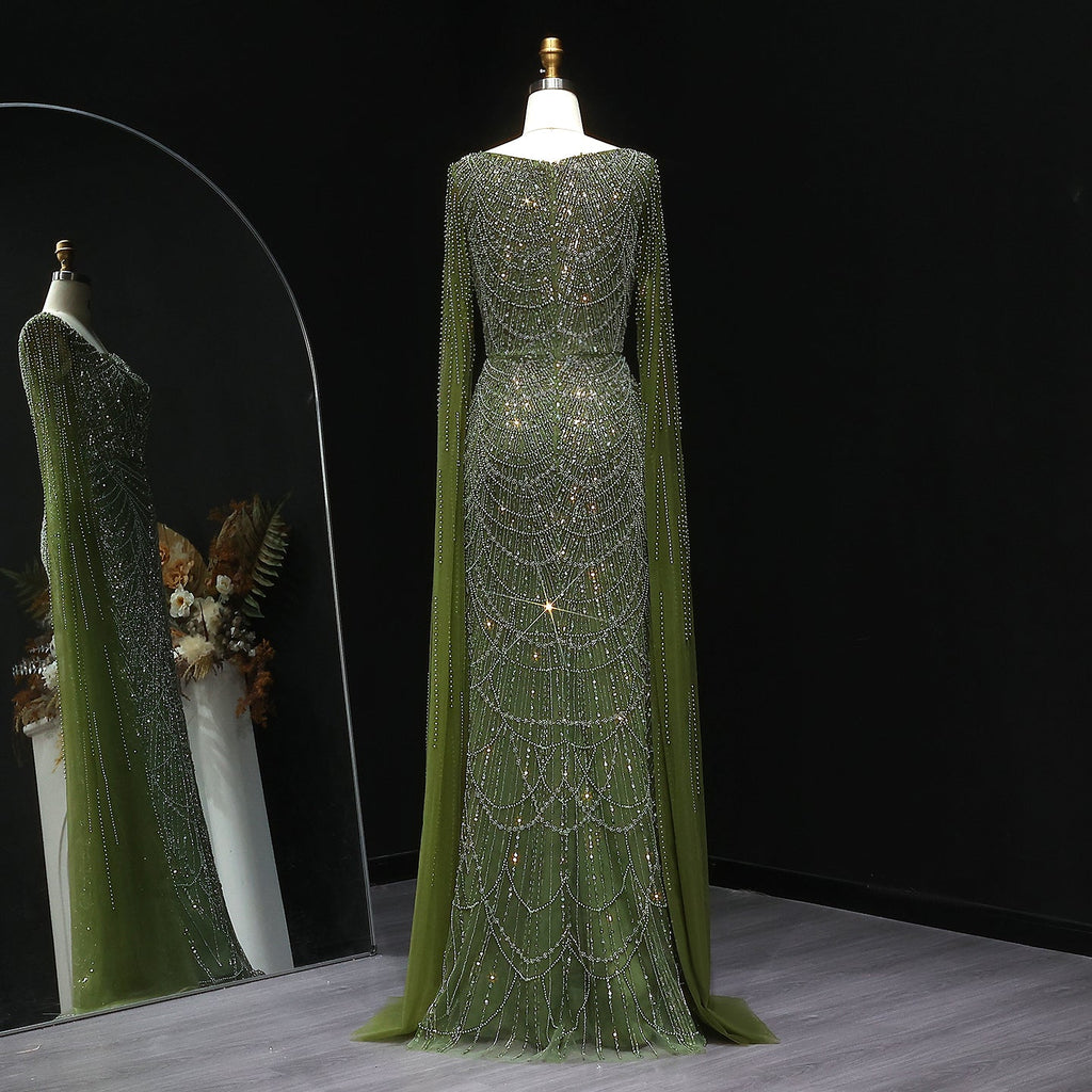 Luxury Beaded Blue Mermaid Evening Dress with Cape Sleeves SS690