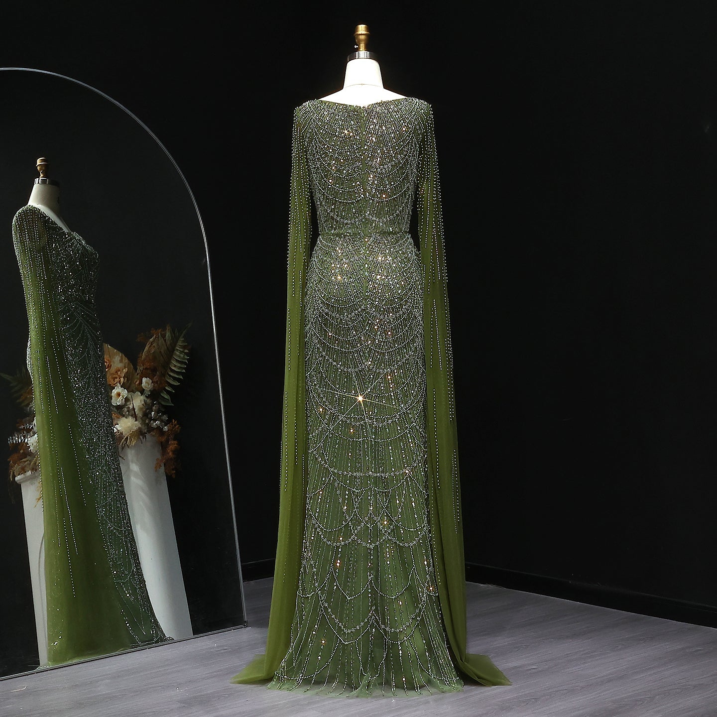 Luxury Beaded Blue Mermaid Evening Dress with Cape Sleeves SS690