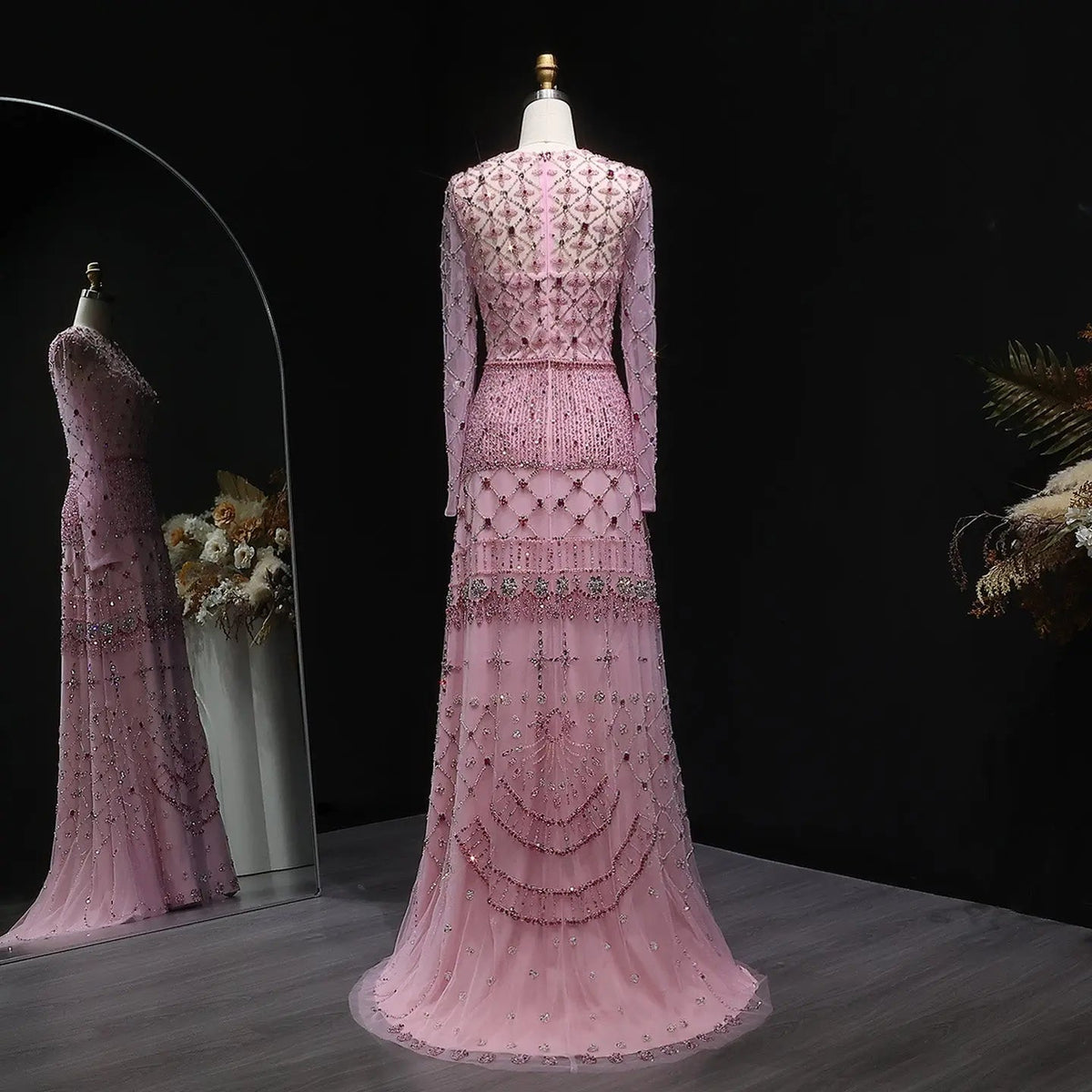 Luxury Pink Crystal Beaded Long Sleeve Embroidered Evening Dress SS220