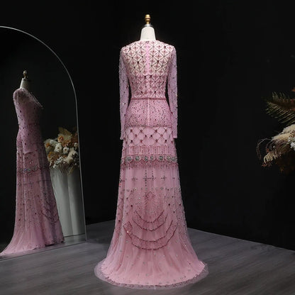 Luxury Pink Crystal Beaded Long Sleeve Embroidered Evening Dress SS220