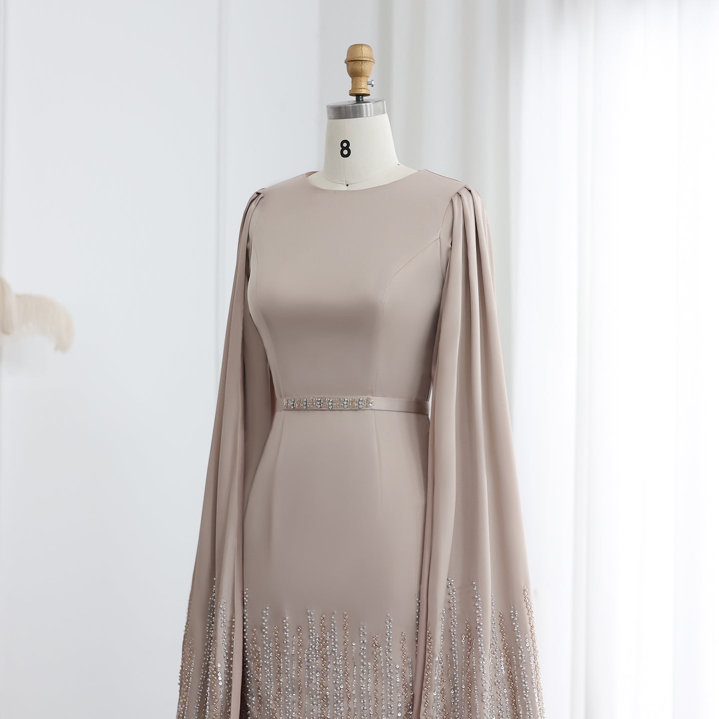 Luxury Nude Tiered Ruffles Mermaid Evening Dress with Cape Sleeves SS440