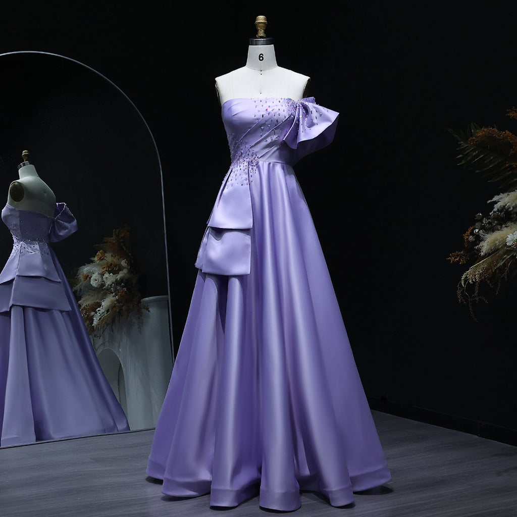Elegant Crystal Lavender A-Line Pleats Satin Evening Dress SS592