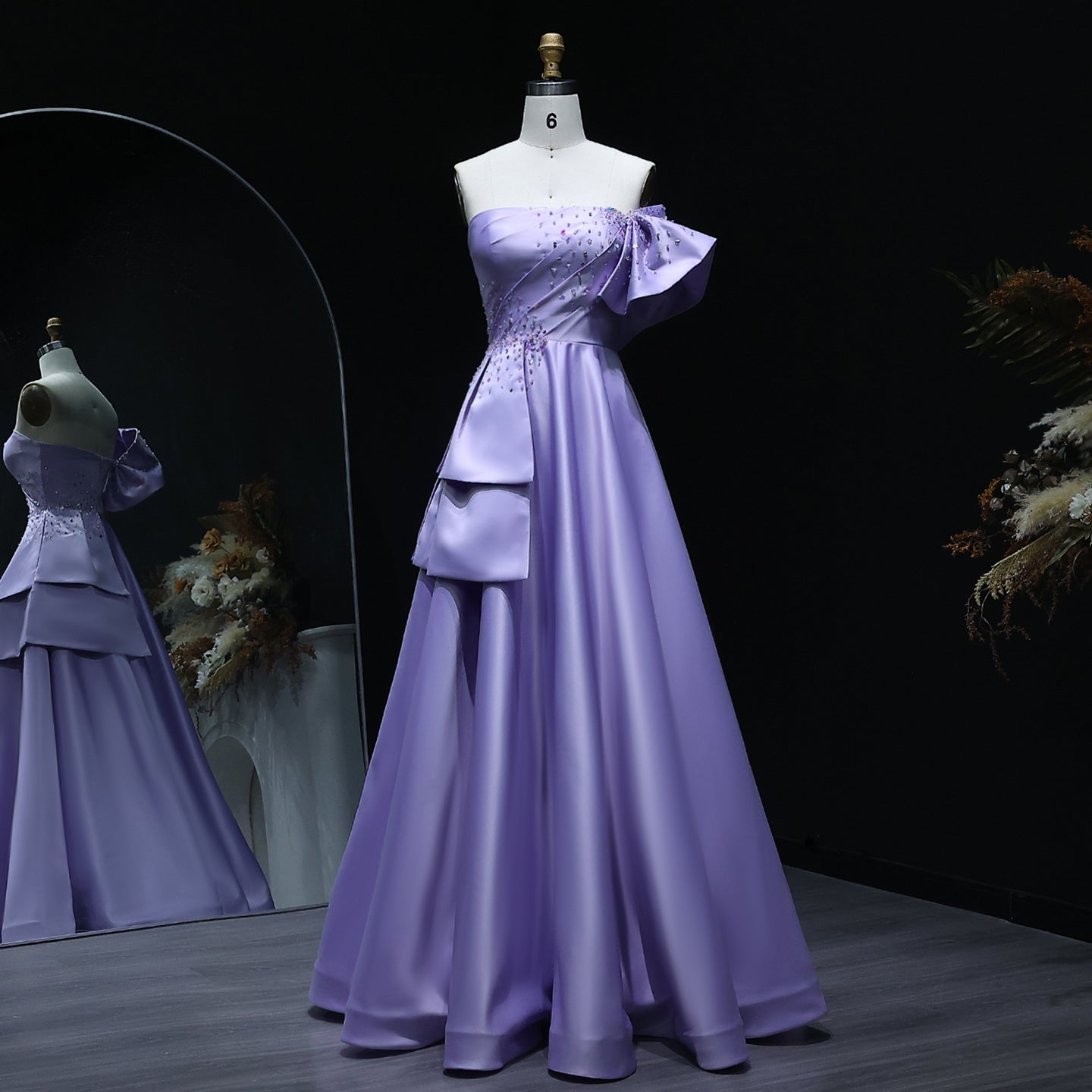 Elegant Crystal Lavender A-Line Pleats Satin Evening Dress SS592