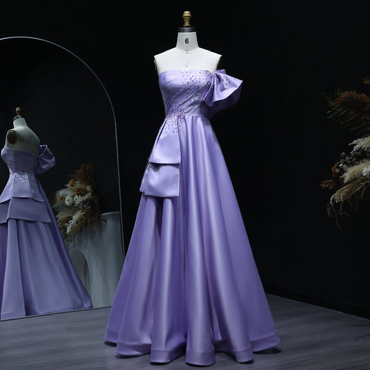 Elegant Crystal Lavender A-Line Pleats Satin Evening Dress SS592