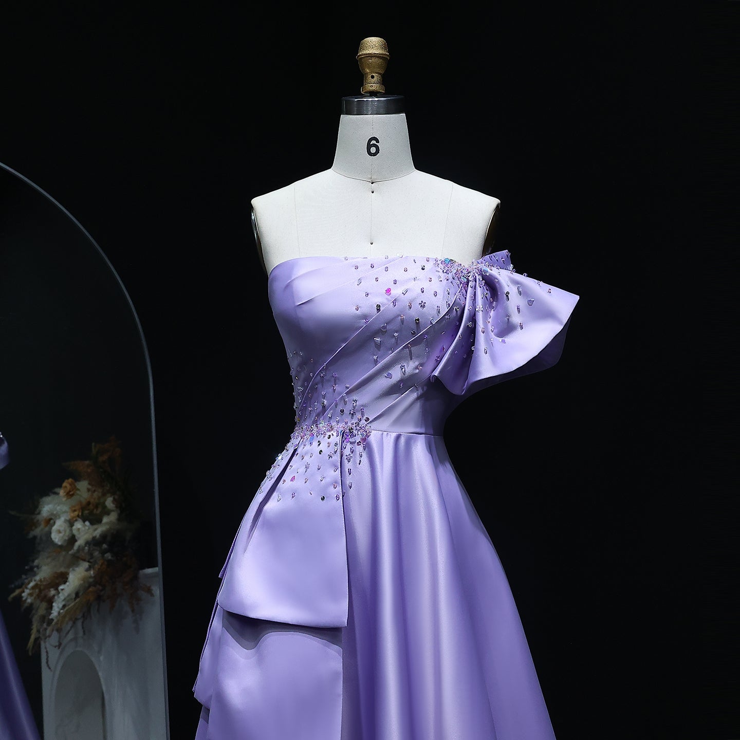 Elegant Crystal Lavender A-Line Pleats Satin Evening Dress SS592