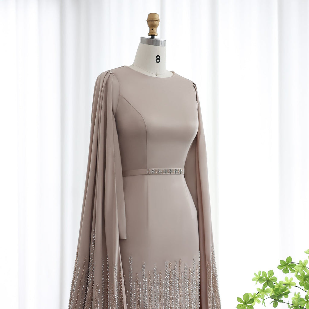 Luxury Nude Tiered Ruffles Mermaid Evening Dress with Cape Sleeves SS440