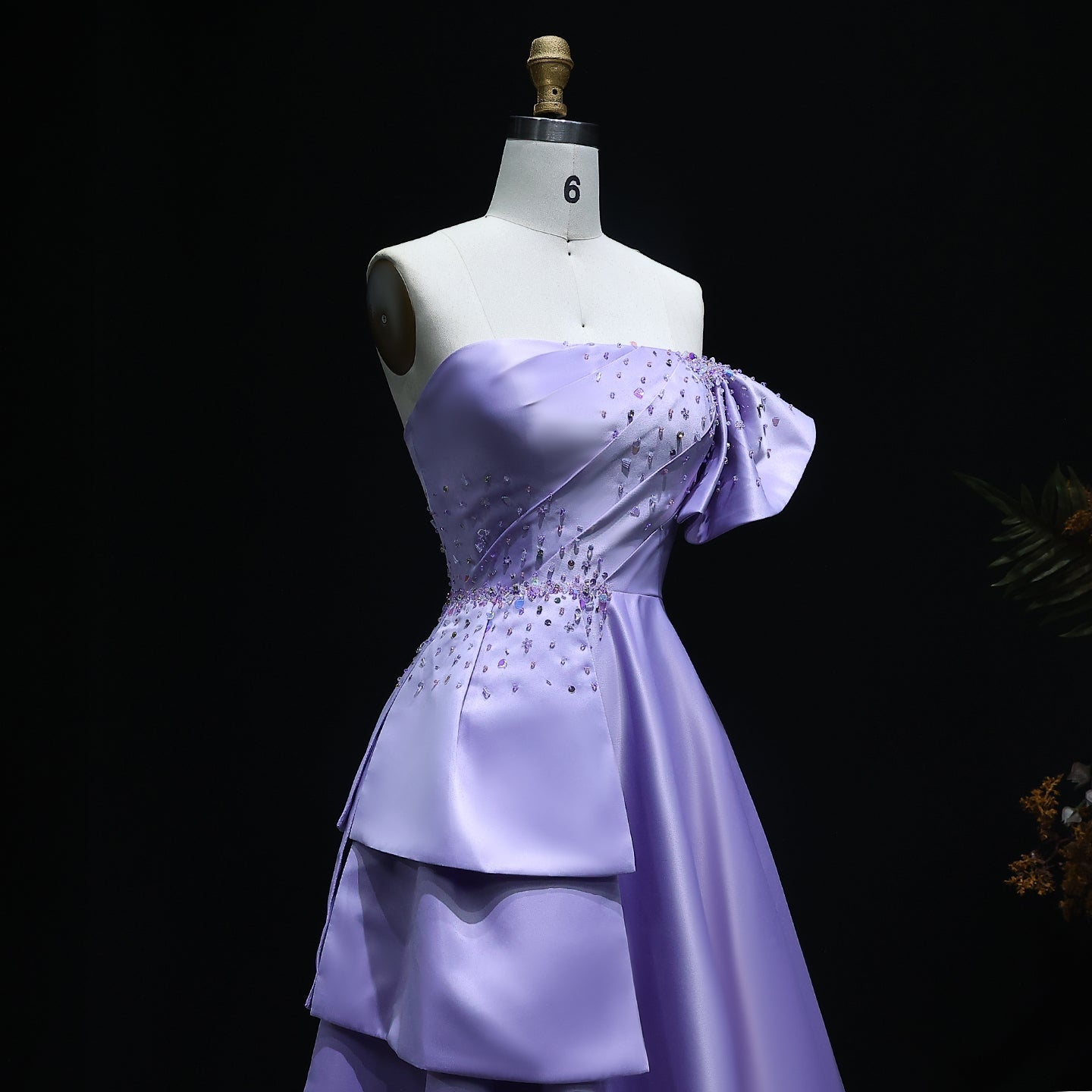 Elegant Crystal Lavender A-Line Pleats Satin Evening Dress SS592