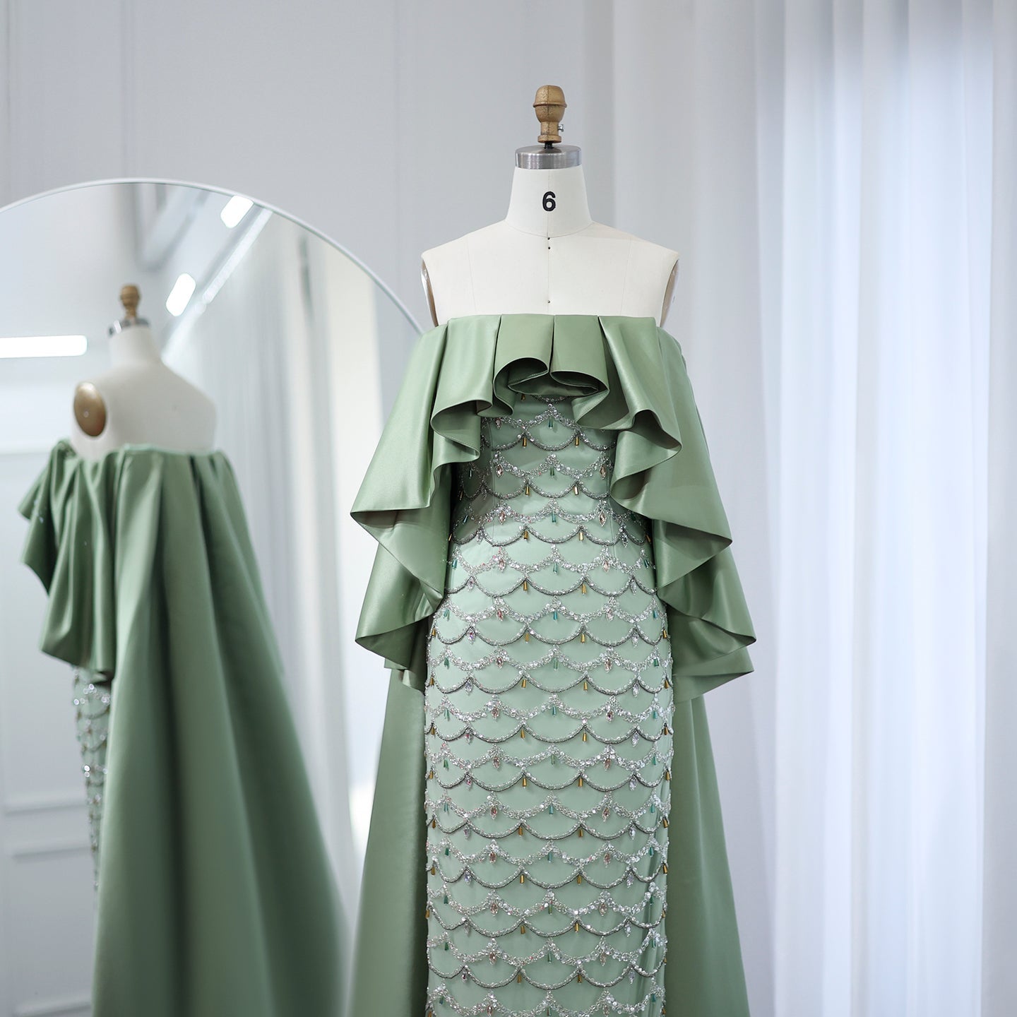 Luxury Crystal Sage Green Strapless Evening Dresses with Cape SS383