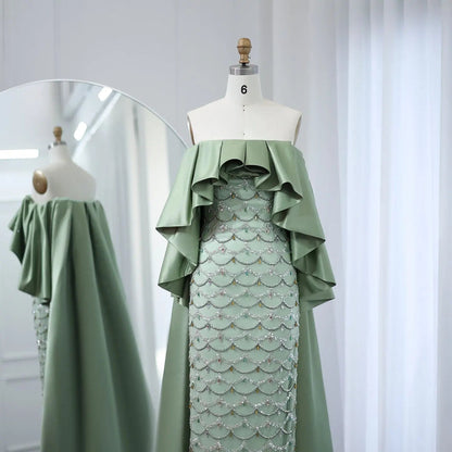 Luxury Sage Green Strapless Evening Dress with Cape SS383