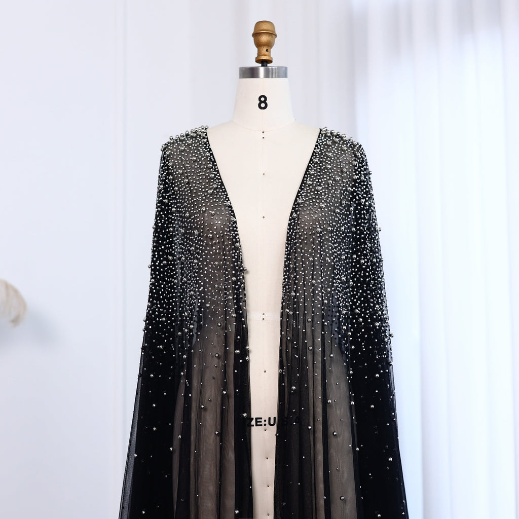 Elegant Black Beaded Long Cape Evening Dress SF082