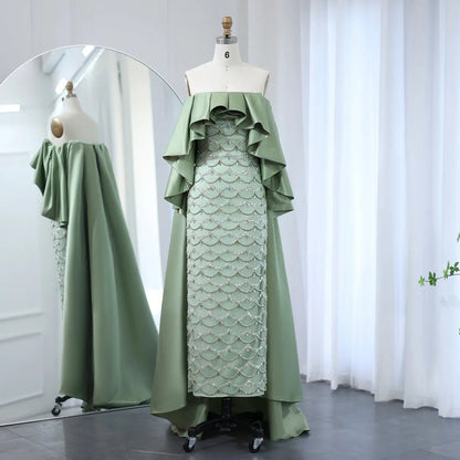 Luxury Sage Green Strapless Evening Dress with Cape SS383
