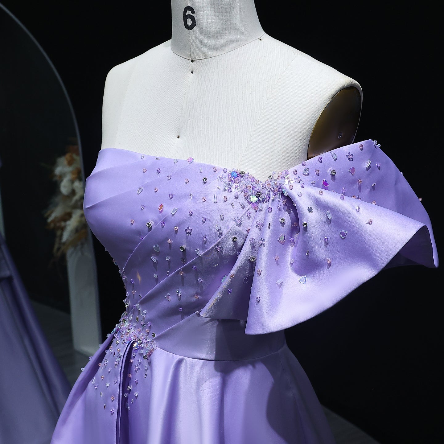 Elegant Crystal Lavender A-Line Pleats Satin Evening Dress SS592