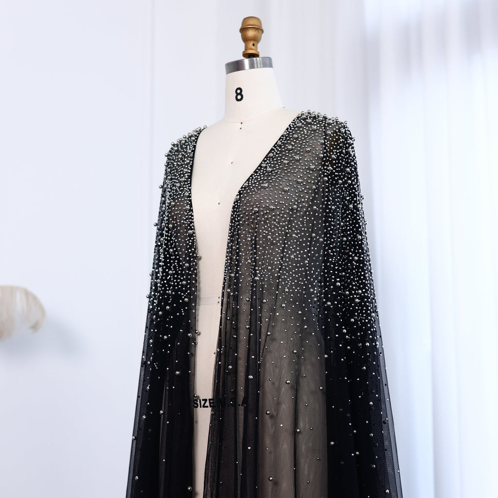 Elegant Black Beaded Long Cape Evening Dress SF082