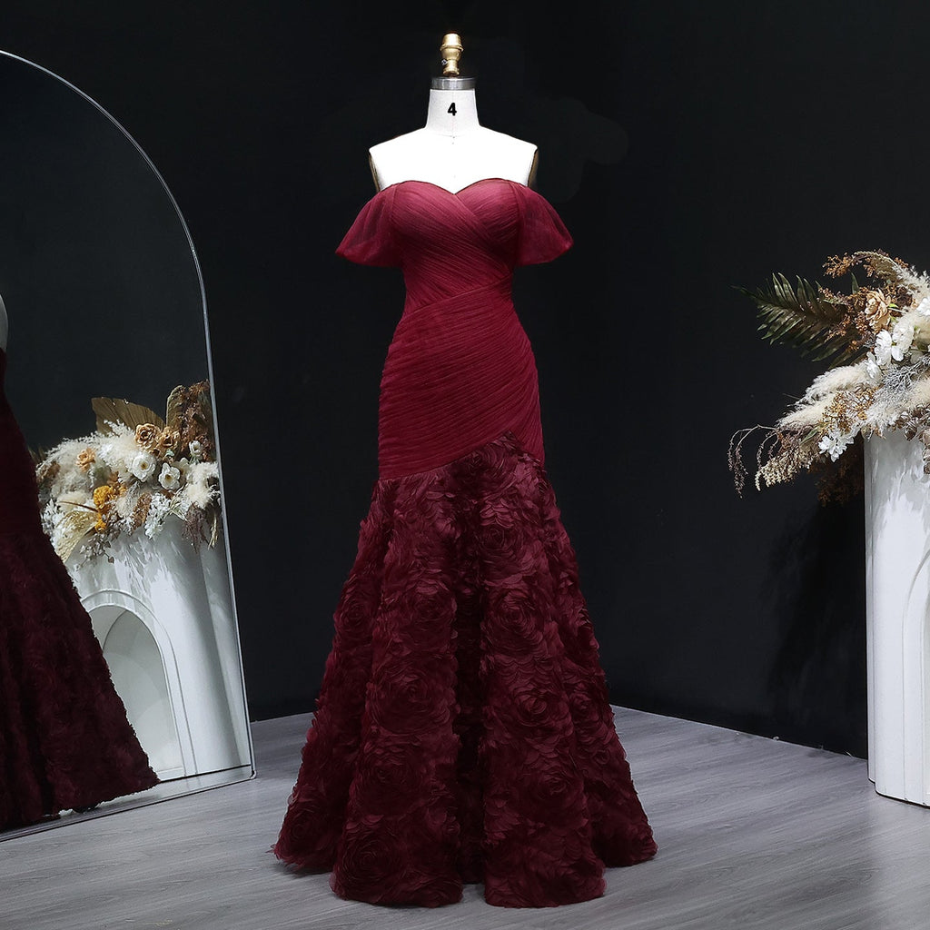 Glamorous Off-Shoulder Burgundy 3D Floral Mermaid Evening Dress SF169