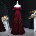 Glamorous Off-Shoulder Burgundy 3D Floral Mermaid Evening Dress SF169
