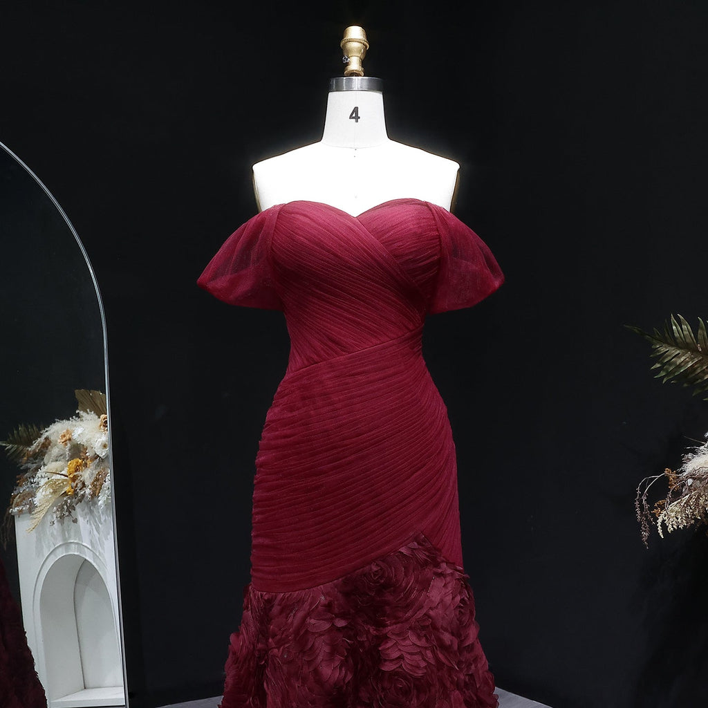 Glamorous Off-Shoulder Burgundy 3D Floral Mermaid Evening Dress SF169