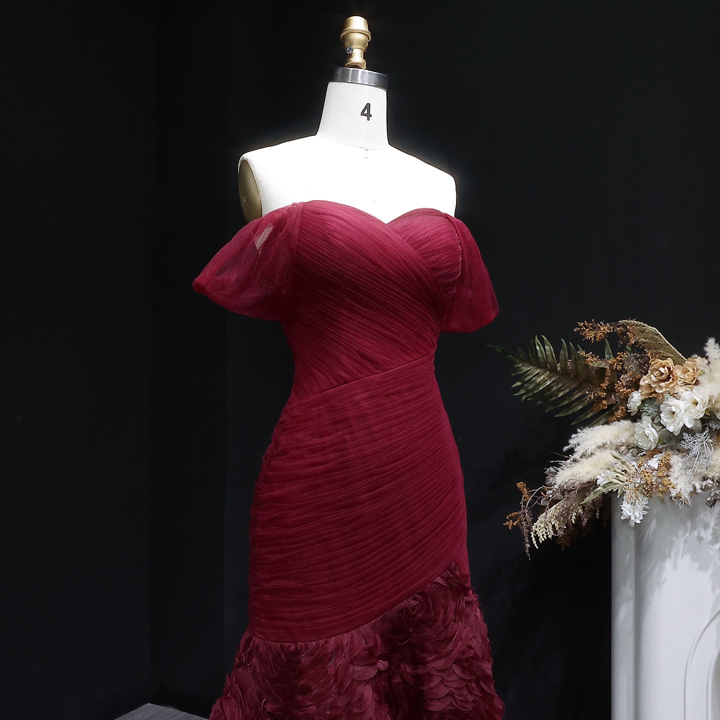 Glamorous Off-Shoulder Burgundy 3D Floral Mermaid Evening Dress SF169