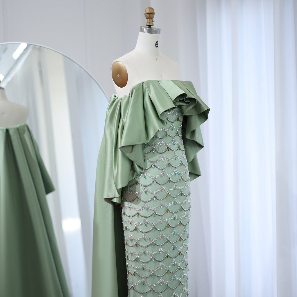 Luxury Crystal Sage Green Strapless Evening Dresses with Cape SS383