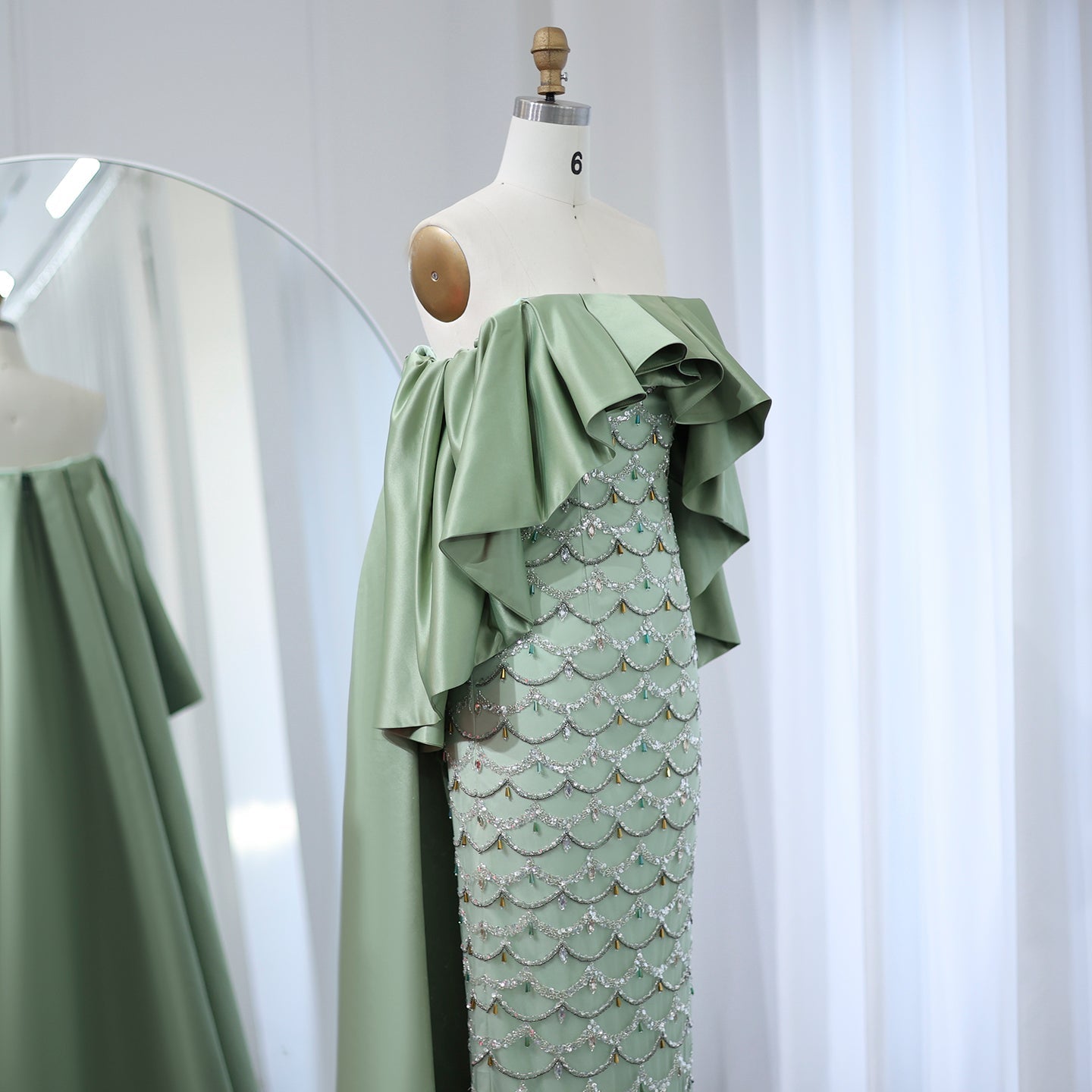 Luxury Crystal Sage Green Strapless Evening Dresses with Cape SS383