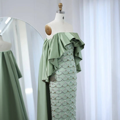 Luxury Sage Green Strapless Evening Dress with Cape SS383