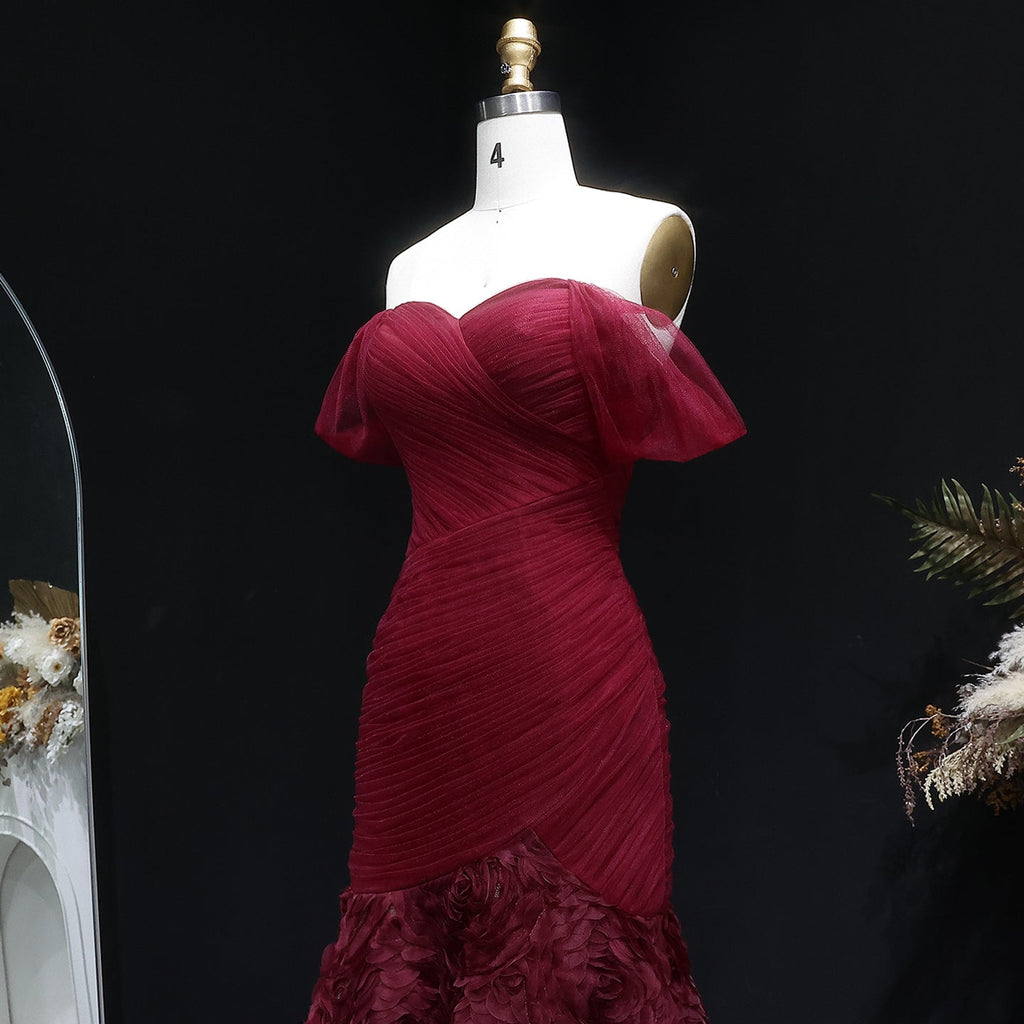 Glamorous Off-Shoulder Burgundy 3D Floral Mermaid Evening Dress SF169