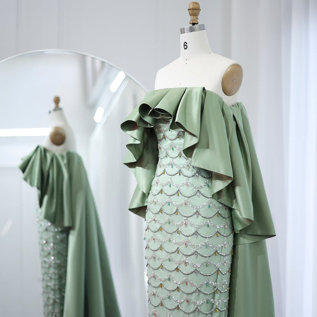 Luxury Crystal Sage Green Strapless Evening Dresses with Cape SS383