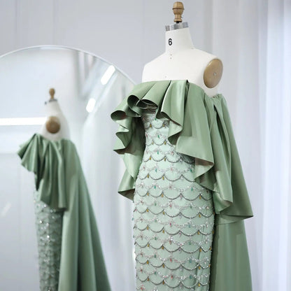 Luxury Sage Green Strapless Evening Dress with Cape SS383