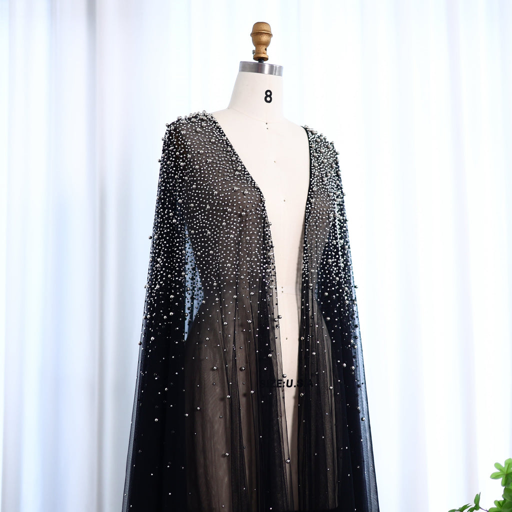 Elegant Black Beaded Long Cape Evening Dress SF082