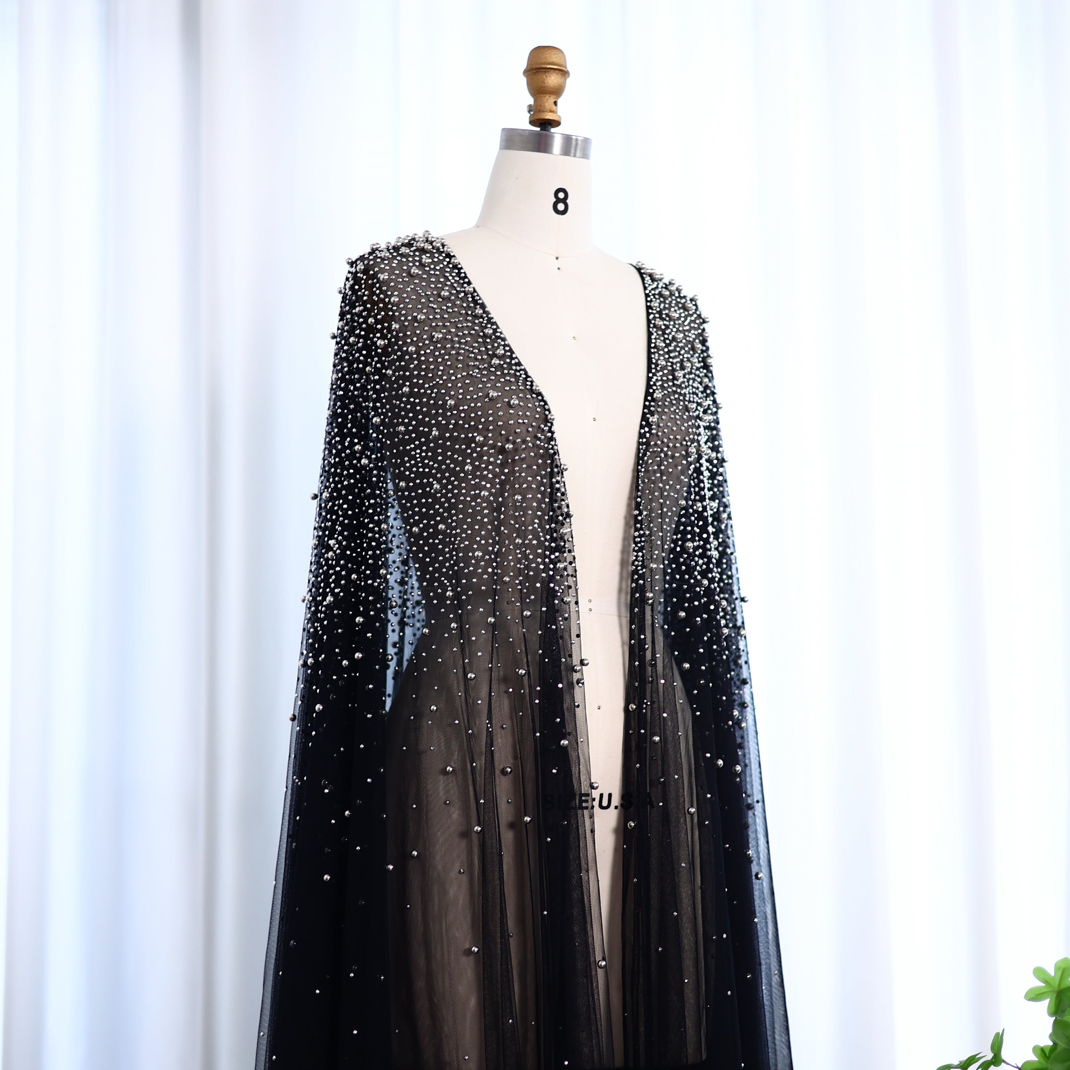 Elegant Black Beaded Long Cape Evening Dress SF082