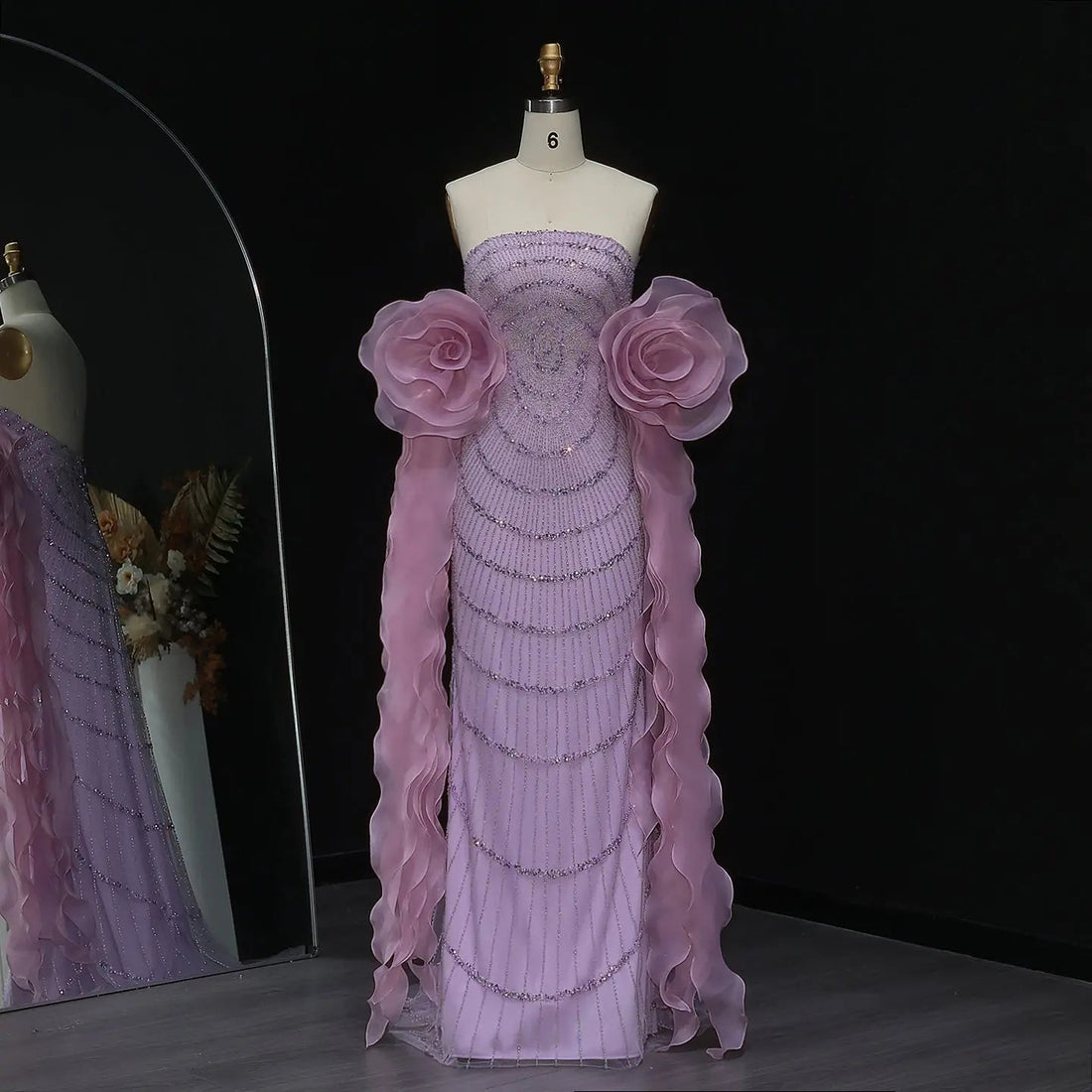Luxury Lilac Strapless Evening Dress with 3D Flower Ruffles SS246