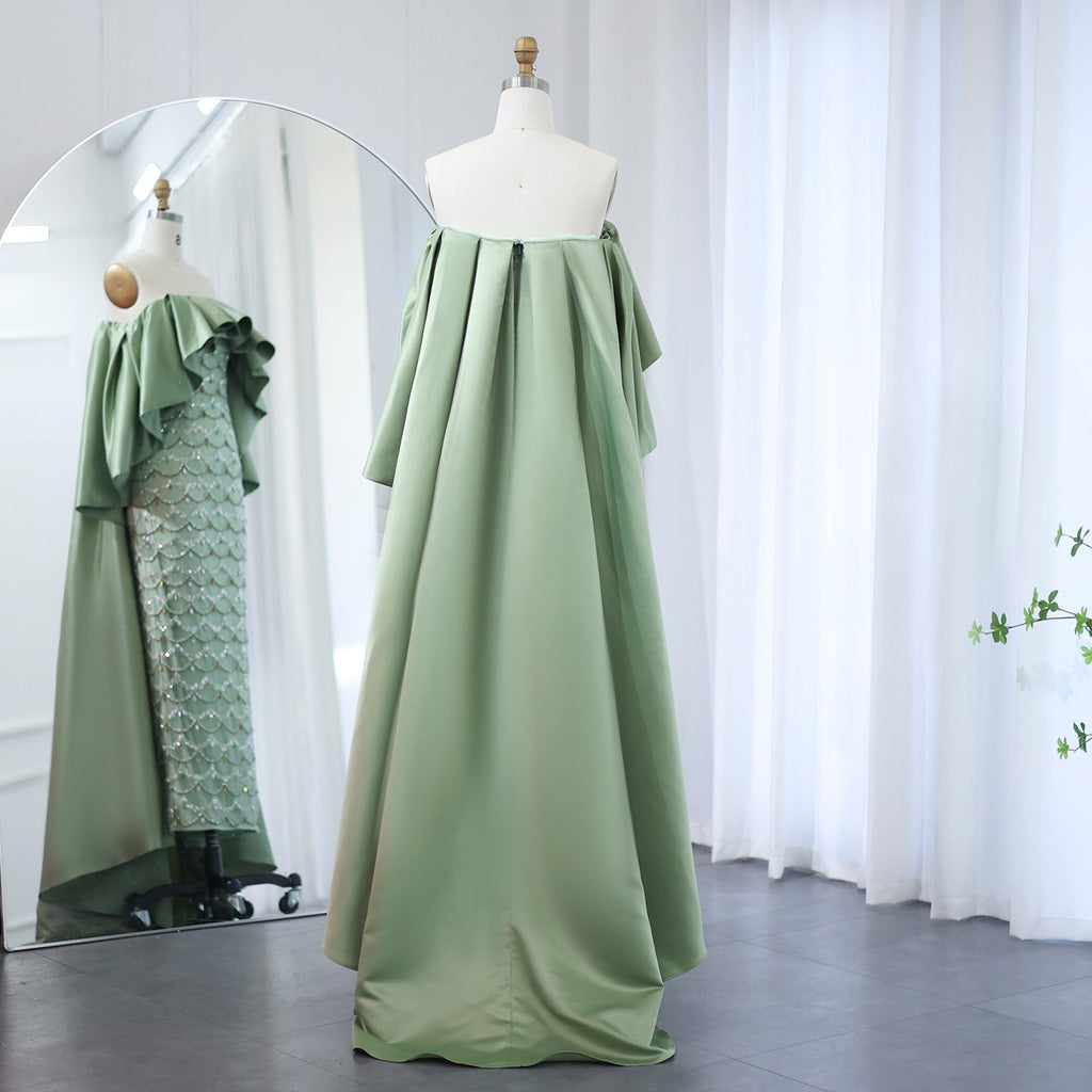 Luxury Crystal Sage Green Strapless Evening Dresses with Cape SS383