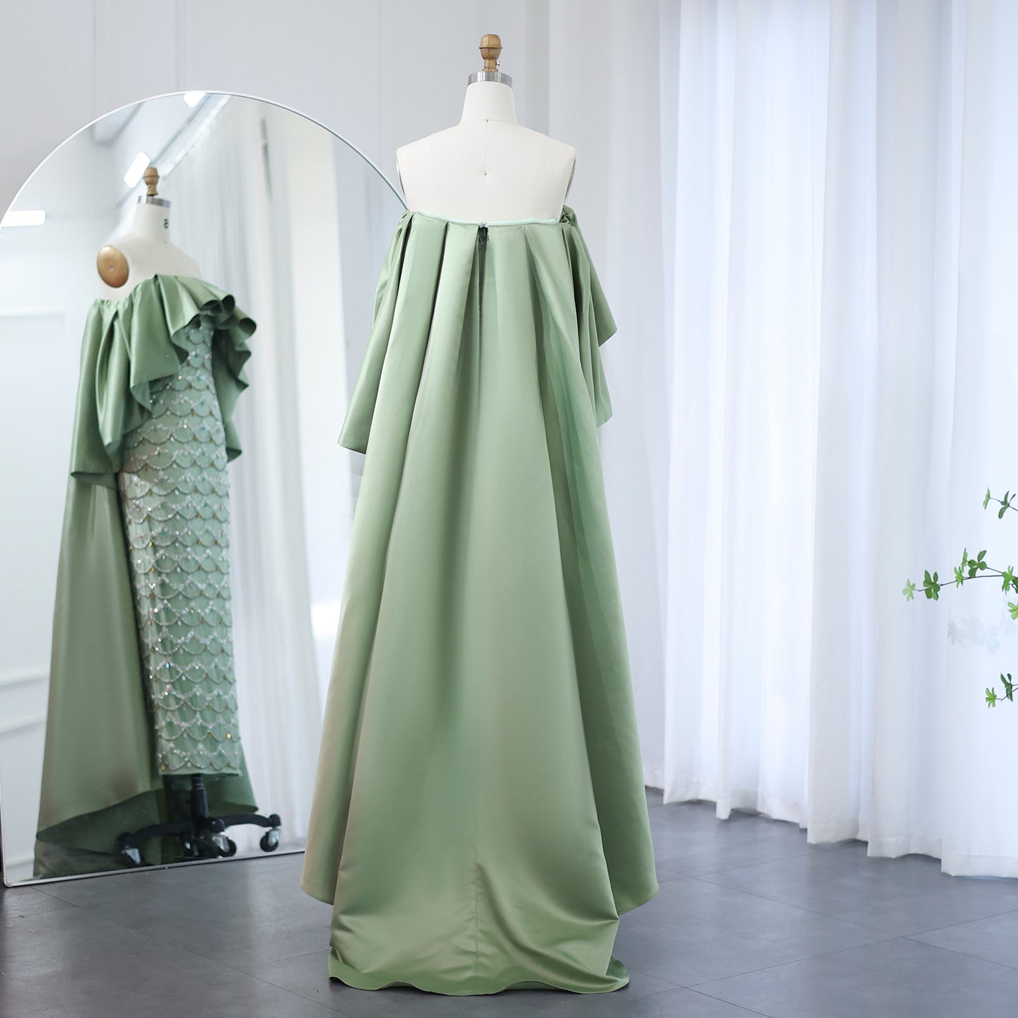 Luxury Crystal Sage Green Strapless Evening Dresses with Cape SS383