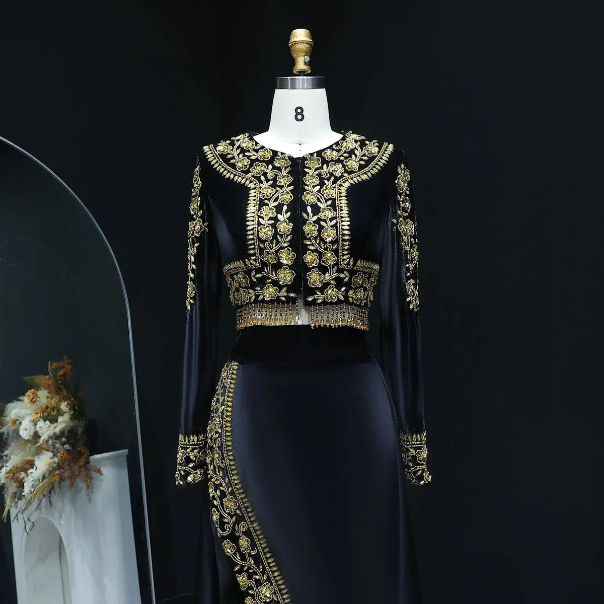 Elegant Black Crystal Two Pieces Evening Dress with Slit SS458