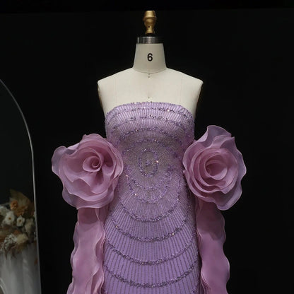 Luxury Lilac Strapless Evening Dress with 3D Flower Ruffles SS246