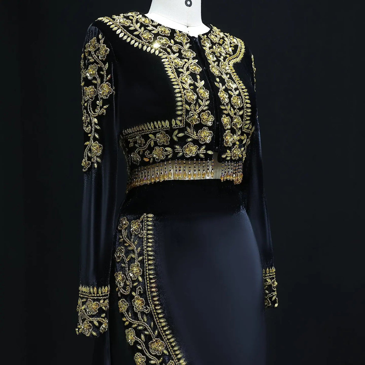 Elegant Black Crystal Two Pieces Evening Dress with Slit SS458