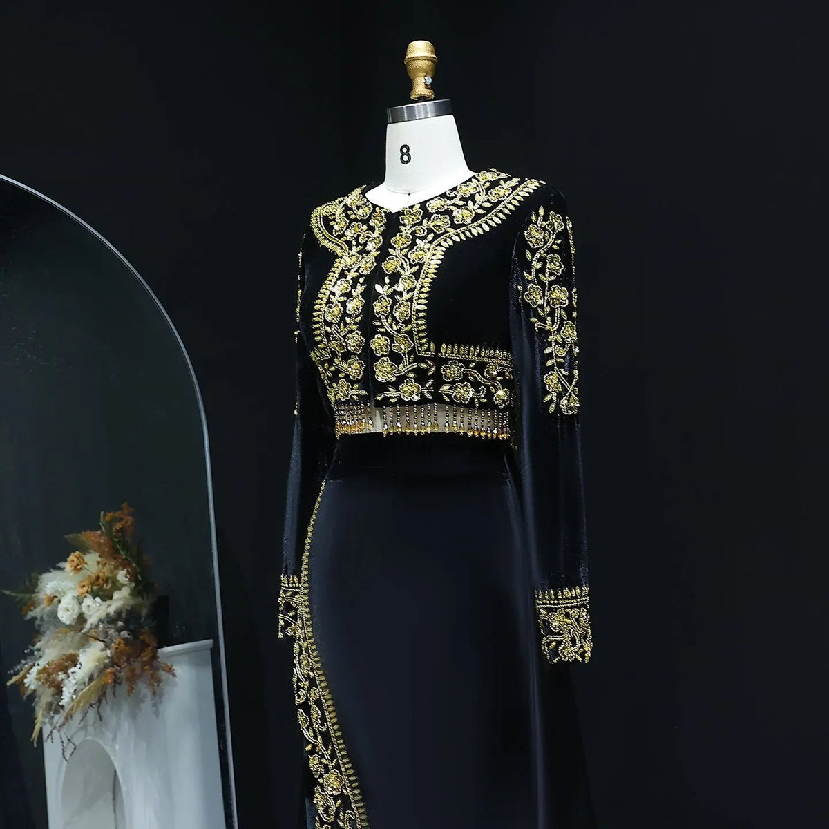 Elegant Black Crystal Two Pieces Evening Dress with Slit SS458