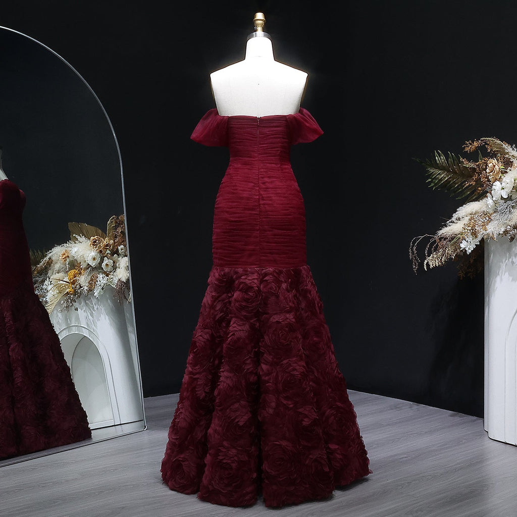 Glamorous Off-Shoulder Burgundy 3D Floral Mermaid Evening Dress SF169