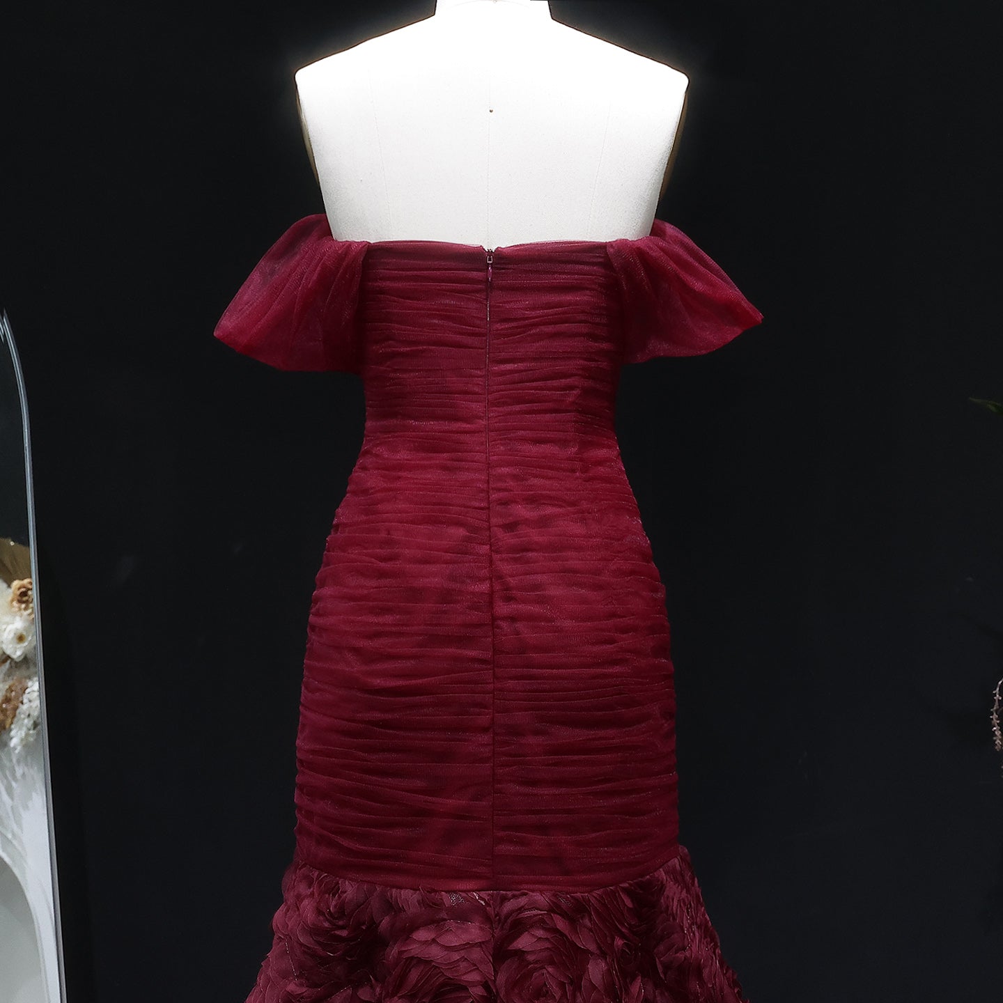 Glamorous Off-Shoulder Burgundy 3D Floral Mermaid Evening Dress SF169
