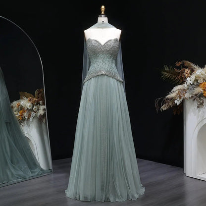 Luxury Sage Green Beaded A-Line Evening Dress with Scarf SS299