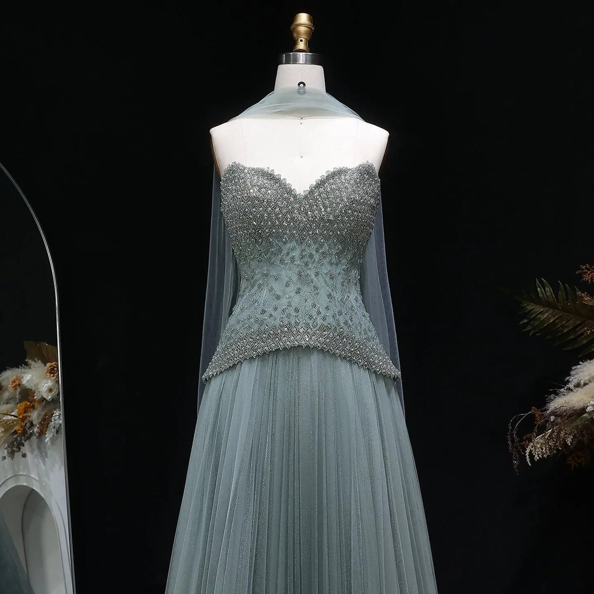 Luxury Sage Green Beaded A-Line Evening Dress with Scarf SS299